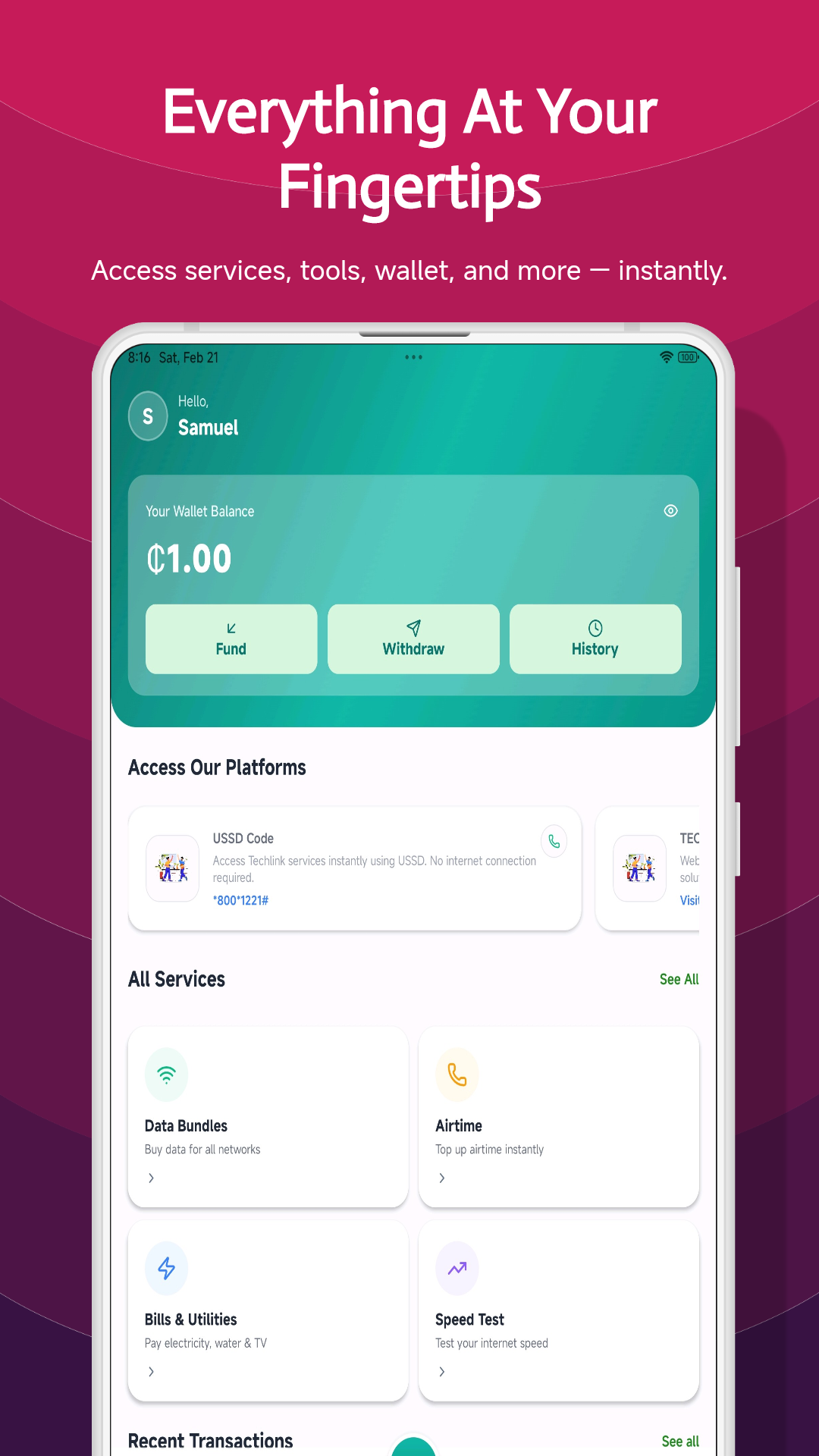 Techlink GH App dashboard — data bundles and services